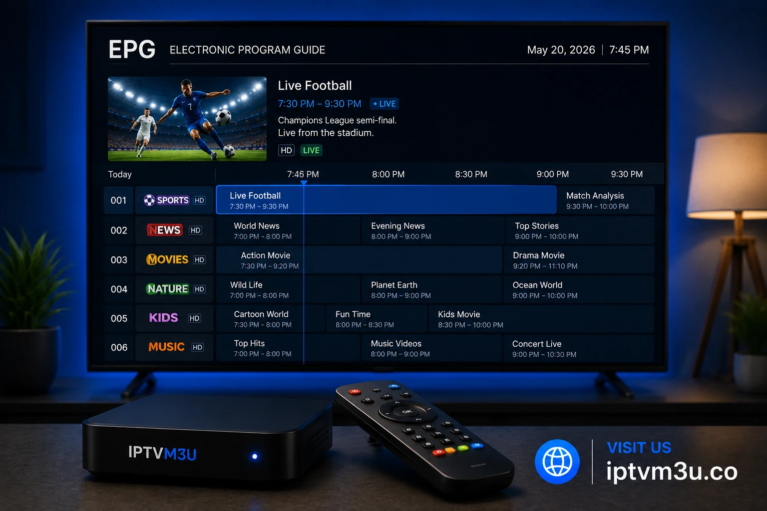 Electronic Program Guide EPG for IPTV showing TV schedule and channel guide